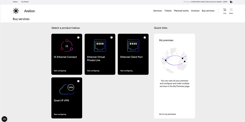Product view of My Arelion customer portal