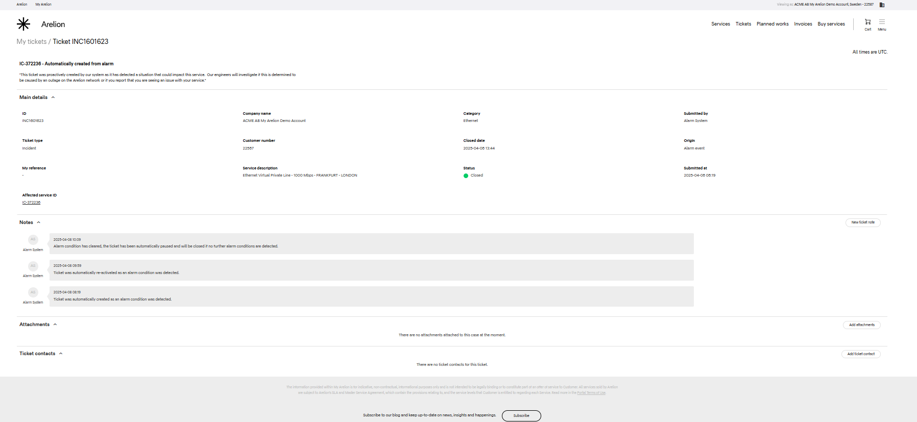 View of My Arelion customer portal
