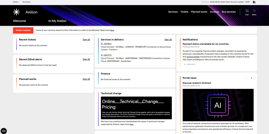 Front page of My Arelion customer portal